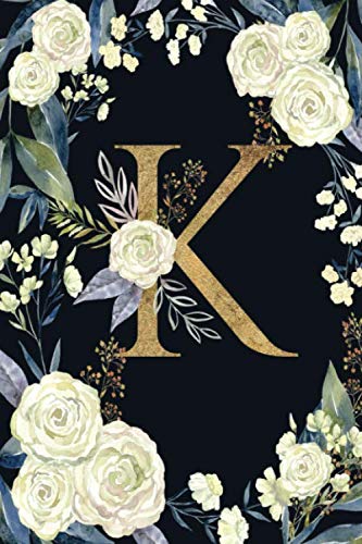 K: Initial Monogram Notebook - Pretty White Rose Floral College Rule Lined Writing and Notes Journal