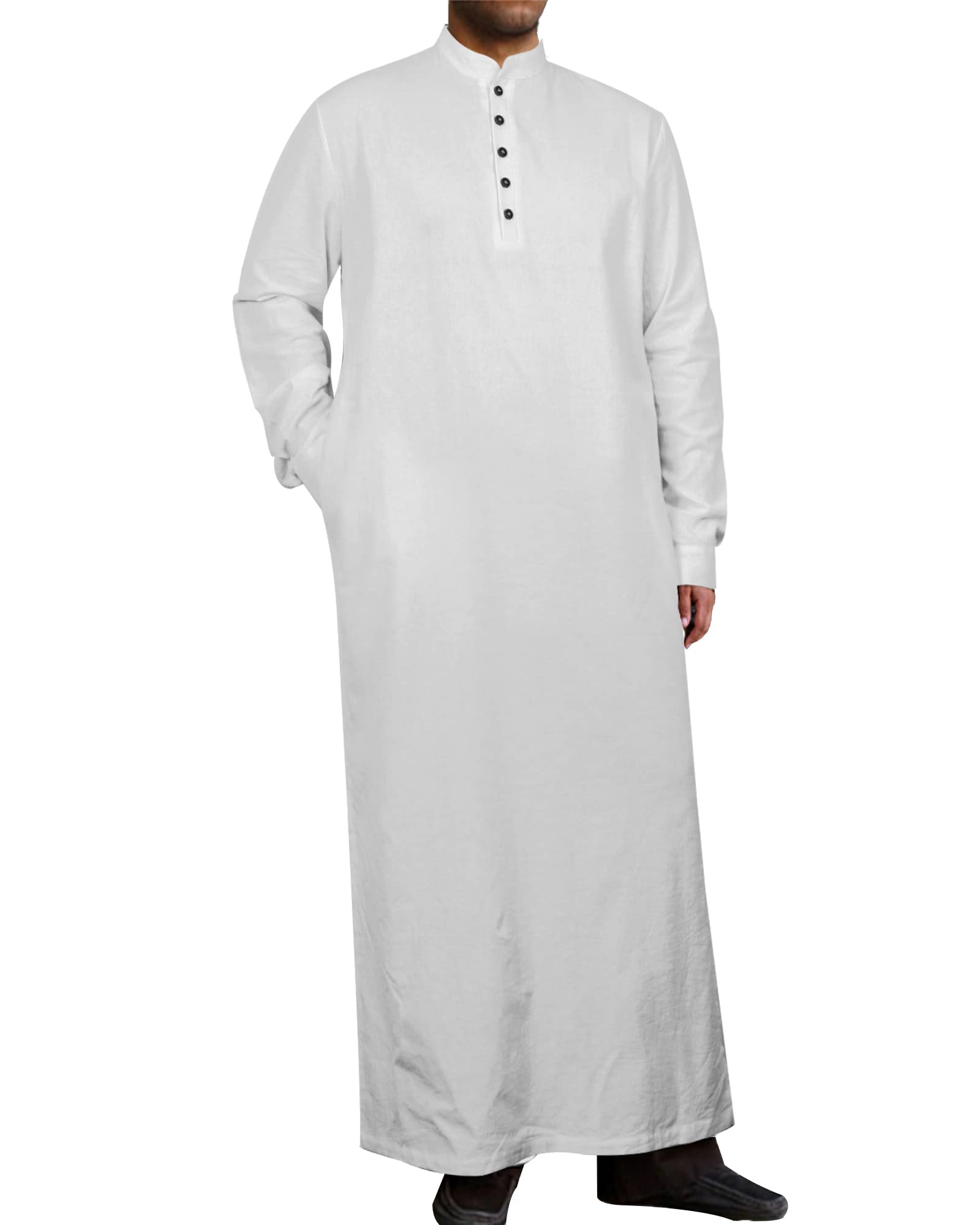 YAOHUOLEMen's Long Sleeve Abaya Robe Button Up Side Split Kaftan Thobe with Pockets Long Gown