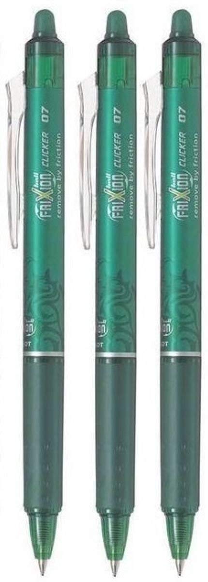 Pilot Green Frixion Clicker Retractable Fine Rollerball Erasable Pens Pen 0.7mm Nib Tip 0.35mm Line BLRT-FR7 (Pack Of 3)