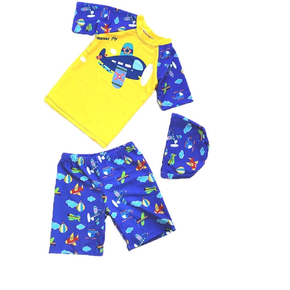 HausFinekid Little Boys Girls Three Pieces Swimsuit Set Cartoon Dinosaur Airplane Shark Swimwear Rash Guards with Swimming Hat Pool Swimwear 2-11 Years Boys Girls Swimsuit