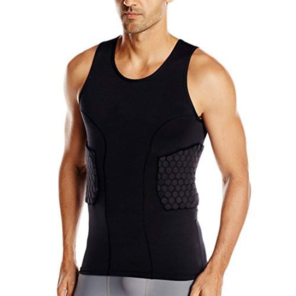 TUOY Mens Boys Black Guard Padded Compression Protective Football Tee Shirt Rib Protector for Basketball Paintball Hockey Contact Sports