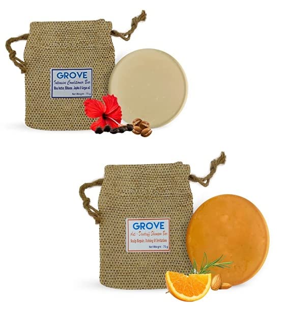 Grove Anti - Dandruff Shampoo Bar With Orange, Rosemary & Tea Tree Oil 75 g + Intensive Solid Conditioner Bar| Loaded With Hibiscus Oil, Argan Oil, Jojoba Oil & Shea Butter 65g(Pack Of 2)