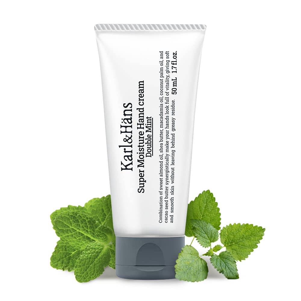 Karl&Hans Super Moisture Mint Vegan Hand Cream - Double Mint Scent with Shea Butter, Coconut Oil, Long-Lasting Refreshing Formula, Organic Daily Hand lotion for Dry Cracked Hands - 1.7 fl oz