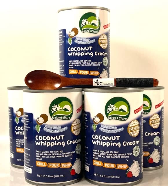 KC Commerce Nature's Charm Coconut Whipping Cream 15oz With Free Wooden Spoon (15oz Pack of 6)