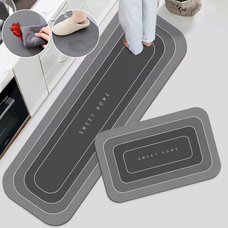 HomeCloud Rubber Kitchen Mats for Floor Set of 2 Pcs | Non-Skid, Soft Absorbent Rugs for Kitchen, Laundry, and Hallway | 120x40cm, 40x60cm| 4mm Thickness (Sweet_Home Grey)