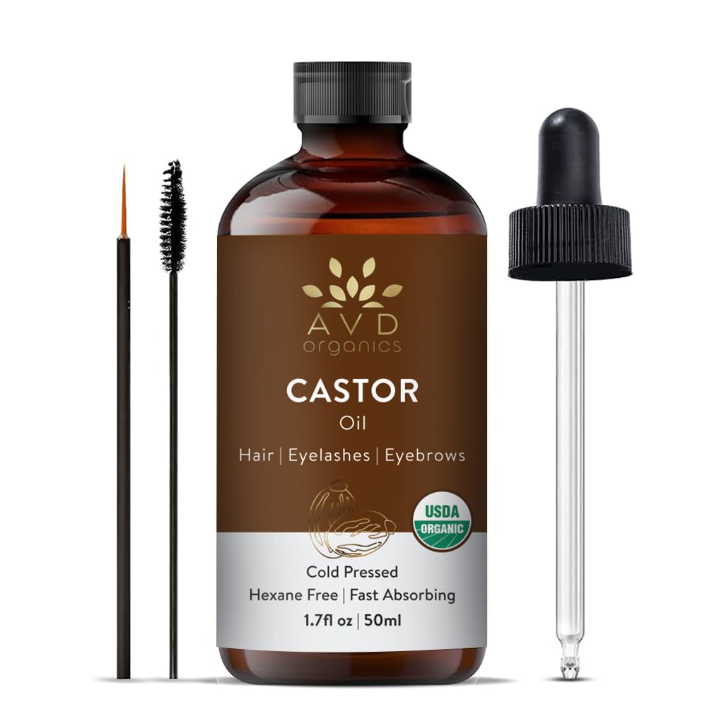 AVD Organics Castor Oil - 100% pure & natural cold pressed, Hexane Free | With Eyelashes Kit | Organic Castor Oil for Eyelashes, Eyebrows, Hair, Skin & Face | 50ML