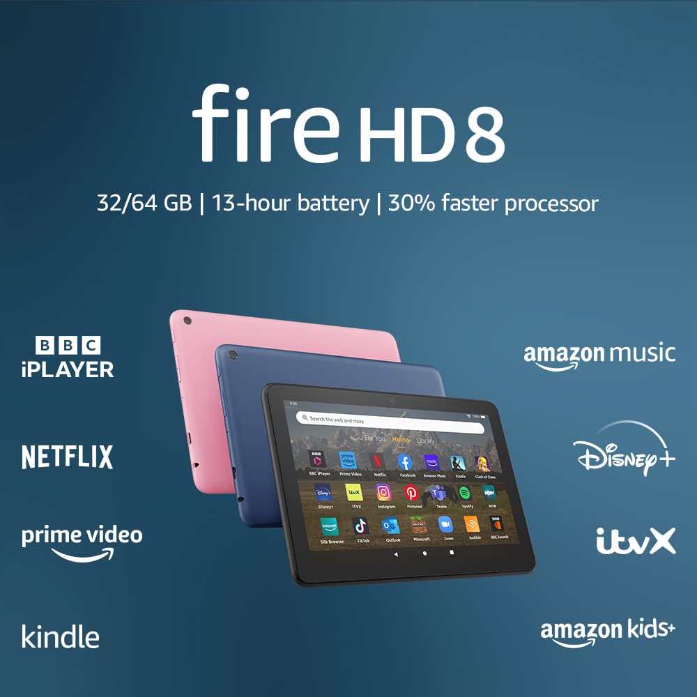 Amazon Fire HD 8 tablet | 8-inch HD display, 32 GB, 30% faster processor, designed for portable entertainment, 2022 release, with ads, Black