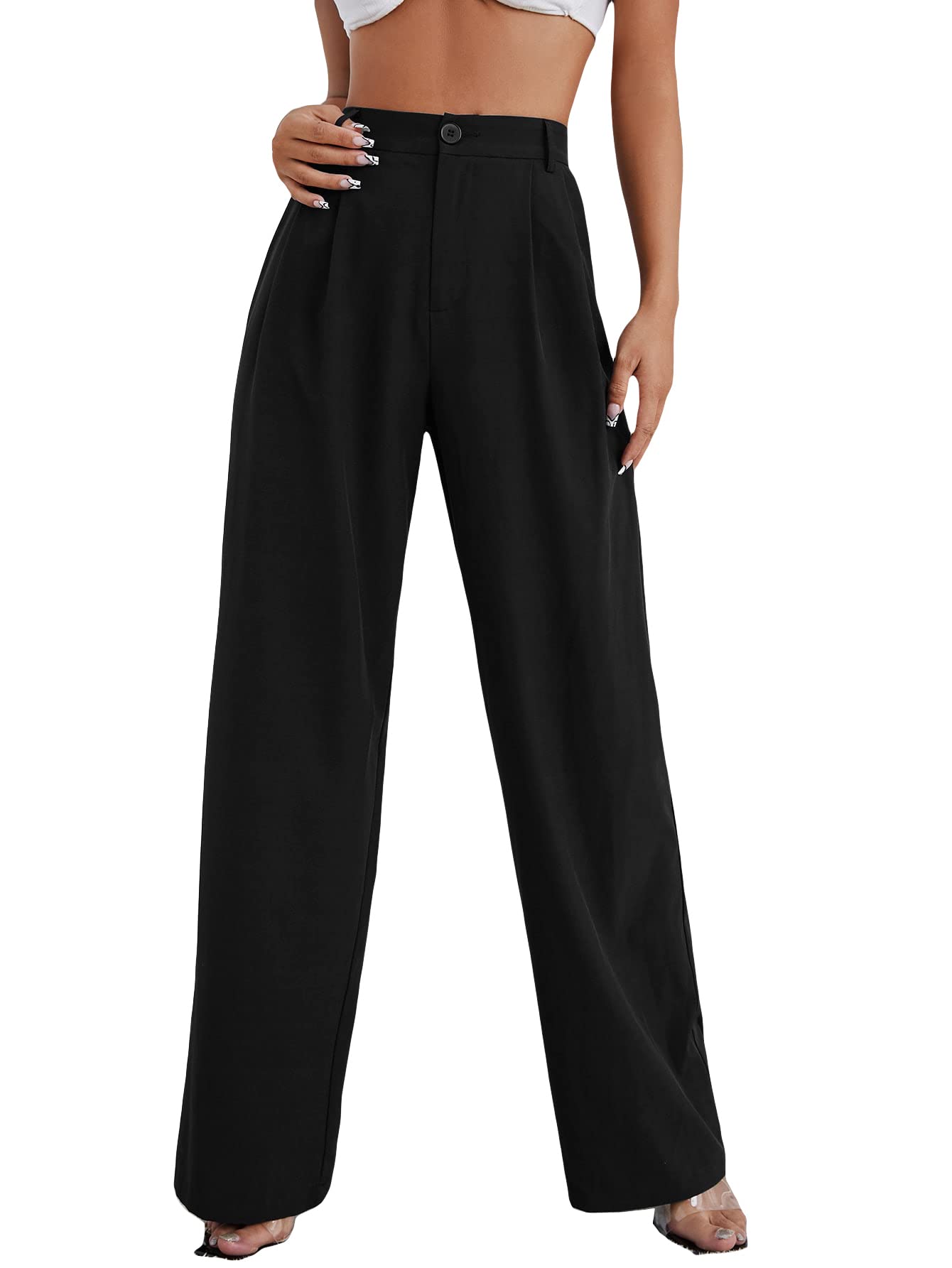 GORGLITTER Women's High Waisted Pants with Pockets Work Office Palazzo Wide Leg Pants Flare Leg Long Pants