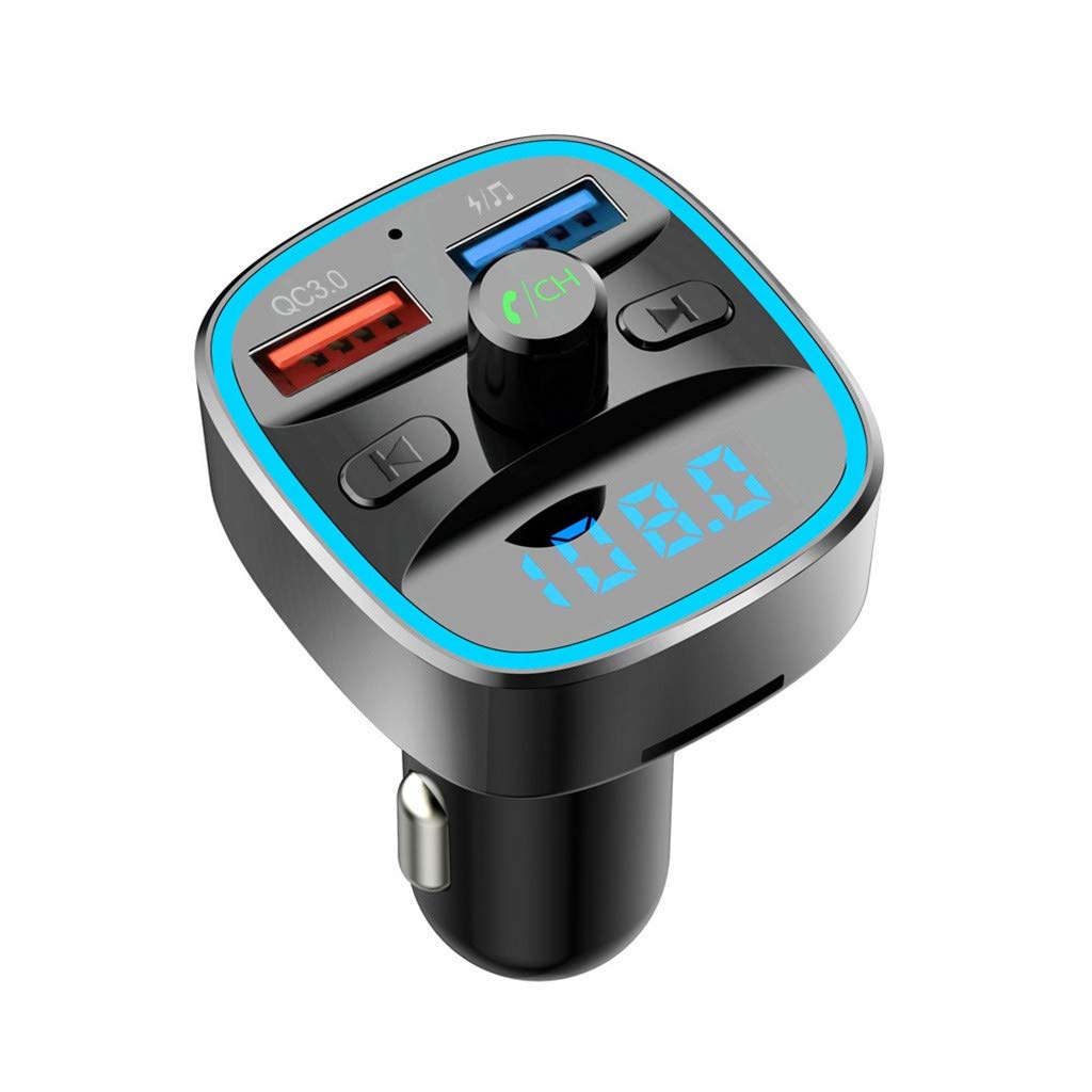 Blue-tooth FM Transmitter for Car, 7 Colors LED Backlit Car Radio Adapter Receiver MP3 Player, with QC 3.0 USB Car Charger Support SD + U Disk Cards, Handsfree Car Kit Aux Output and Input (B)