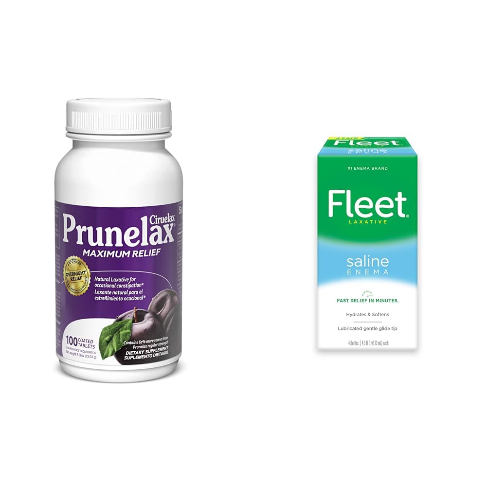 PrunelaxCiruelax Maximum Relief Natural Laxative for Occasional Constipation, 100 Tablets & Fleet Laxative Saline Enema for Adult Constipation, 4.5 fl oz, 4 Bottles