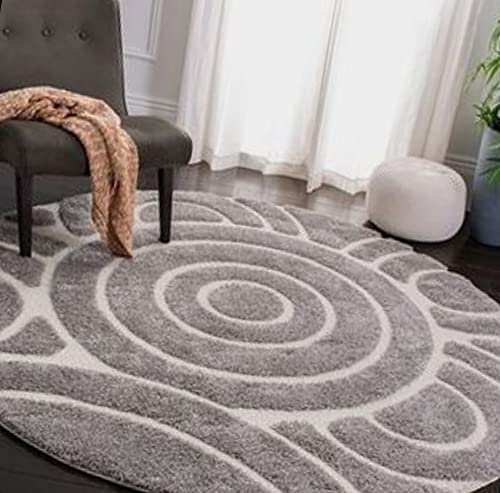 Asra Carpet Microfiber Round Space Modern Design Super Soft & Plush Fluffy Shaggy Carpets for Living Room, Bedroom Floor Mat 2 inch Pile Height 15 x 15 Ft Size, Silver Ivory Shade