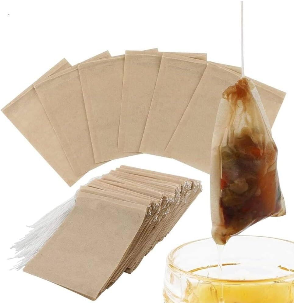 Natural Wood Pulp Tea Filter Bags for Loose Tea, 100pcs Biodegradable Tea Bags Empty Teabags with Drawstring Friendly Tea Infuser Bags