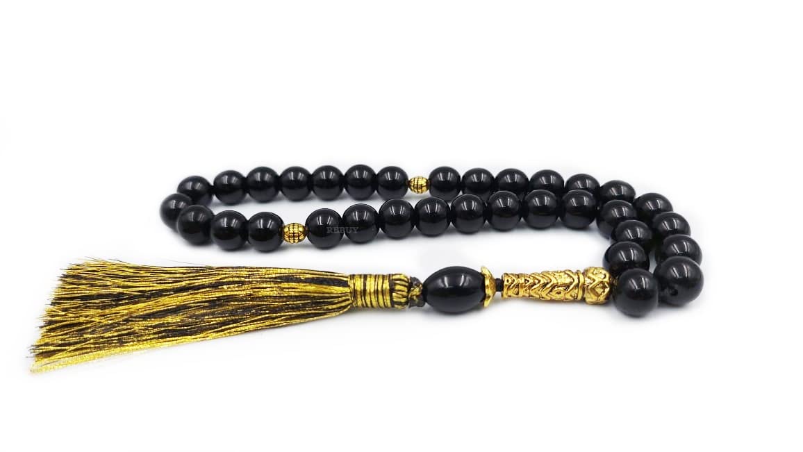 REBUY Genuine Black Tourmaline 33 Beads Tasbih | Islamic Prayer Misbaha Rosary Tasbeeh | 8mm Stone Beads for Protection, Peace, and Positive Energy