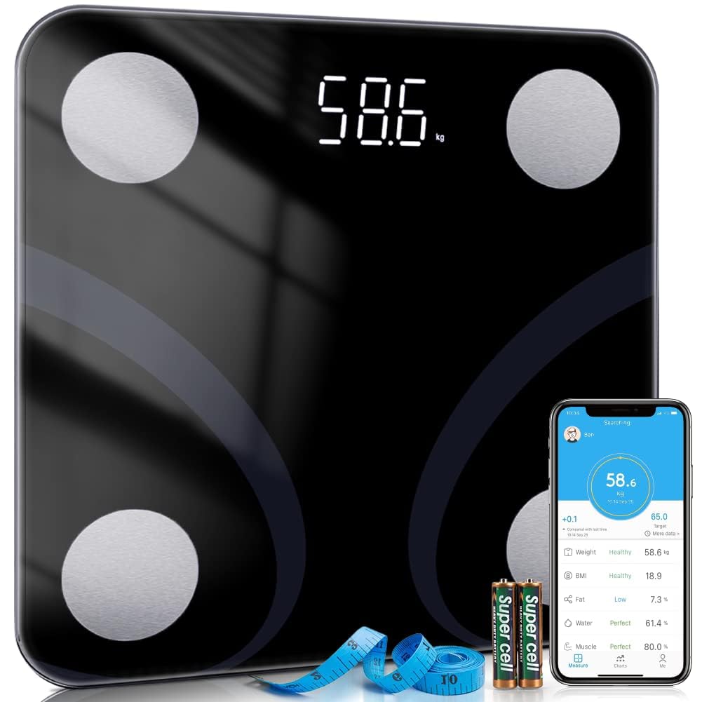 Scale for Body Weight, Bathroom Scale with Smartphone App, Bluetooth Digital Scales with 12 Measurements, Body Composition Monitor for Body Fat, BMI and Muscle, 400 lbs - Black