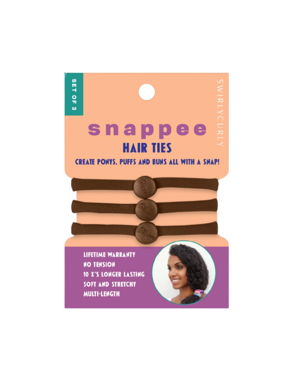 Snappee Snap Hair Ties for Thick, Natural, Curly Hair | No Slip, No Tension Pro Hair Tie | Strong Ponytail Holder (Brown)