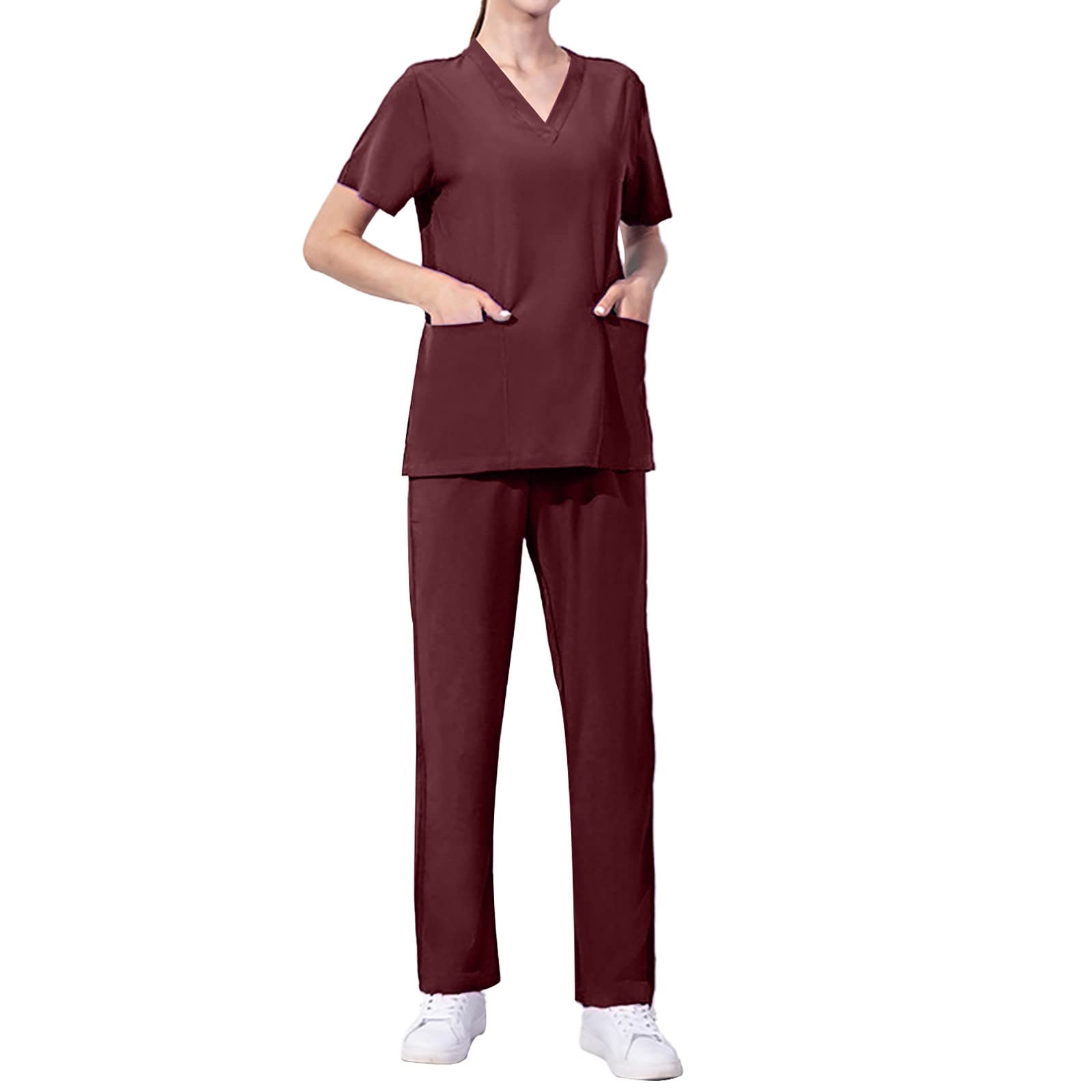 GefomuofeWomen's Work Suit Nursing Suit Medical Doctor Uniform Slip Jacket Top with Trousers Medical Work Wear Slip-On Tunic + Slip-On Trousers Set Work Wear, red, XXL