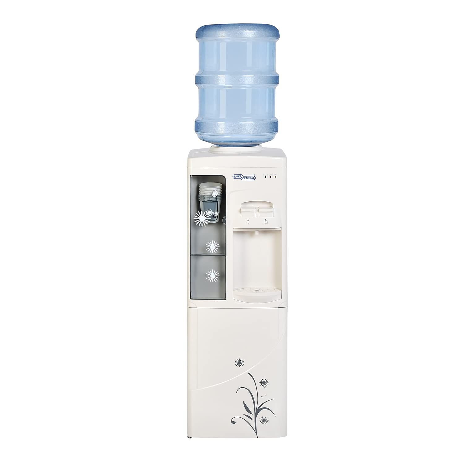 Super General Hot and Cold Water Dispenser, Water-Cooler with Cooling Cabinet and Cup-Holder, Instant-Hot-Water, 2 Taps, SGL-1191, White/Grey, 31.2 x 32.5 x 96 cm, 1 Year Warranty