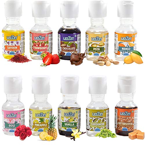 Lezzet Culinary Essence Assorted 20 Ml, Pack of 10 Flavors (Vanilla, Pineapple, Cardamom, Rose, Butterscotch, Strawberry, Saffron, Pista, Mango and Chocolate)