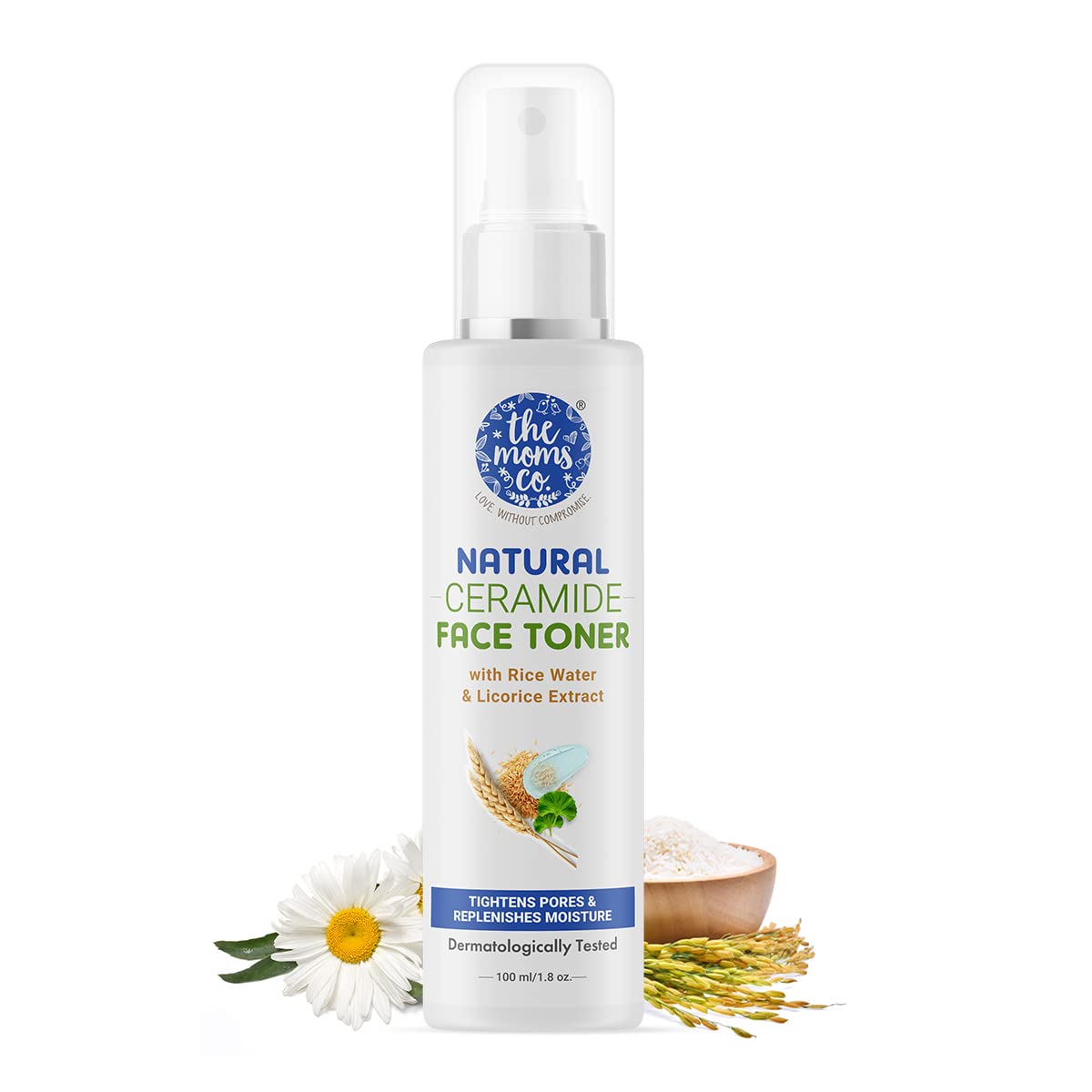 The Moms Co Natural Ceramide Face Toner | Enriched With Rice Water, 5 Plant AHAs & Chamomile Extract | Tighten Pores, Replenish Moisture, Improves Skin Elasticity | Suitable For All Skin Types - 100ml