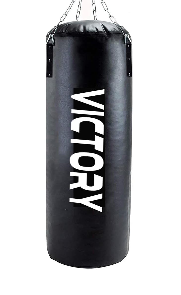 VICTORY Heavy Synthetic Leather Boxing Punching Bag Black | Stainless Steel Hanging Chain | Boxing | MMA | Kickboxing | Muay Thai | Karate | Judo | Taekwondo (2 Feet)