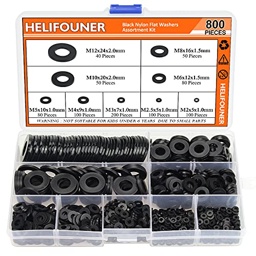 HELIFOUNER 800 Pieces 9 Sizes Black Nylon Flat Washers Assortment Kit - M2 M2.5 M3 M4 M5 M6 M8 M10 M12