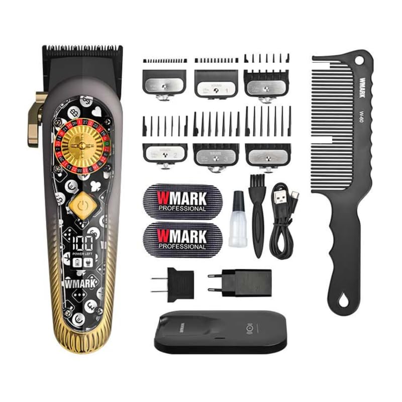 WMARKNG-134 Salon Series Professional Wireless charging Digital Display Cordless Hair Clipper Patent design precision powder metallurgy 440C fade blade 7000 RPM motor 6 Guide Comb 300 min Runtime