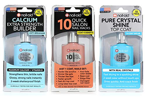 Nail-Aid3pk Of Calcium Thickener + 10 Quick Hacks + Pure Crystal Top Coat, Clear, N/A, 1.65 Fl Ounce