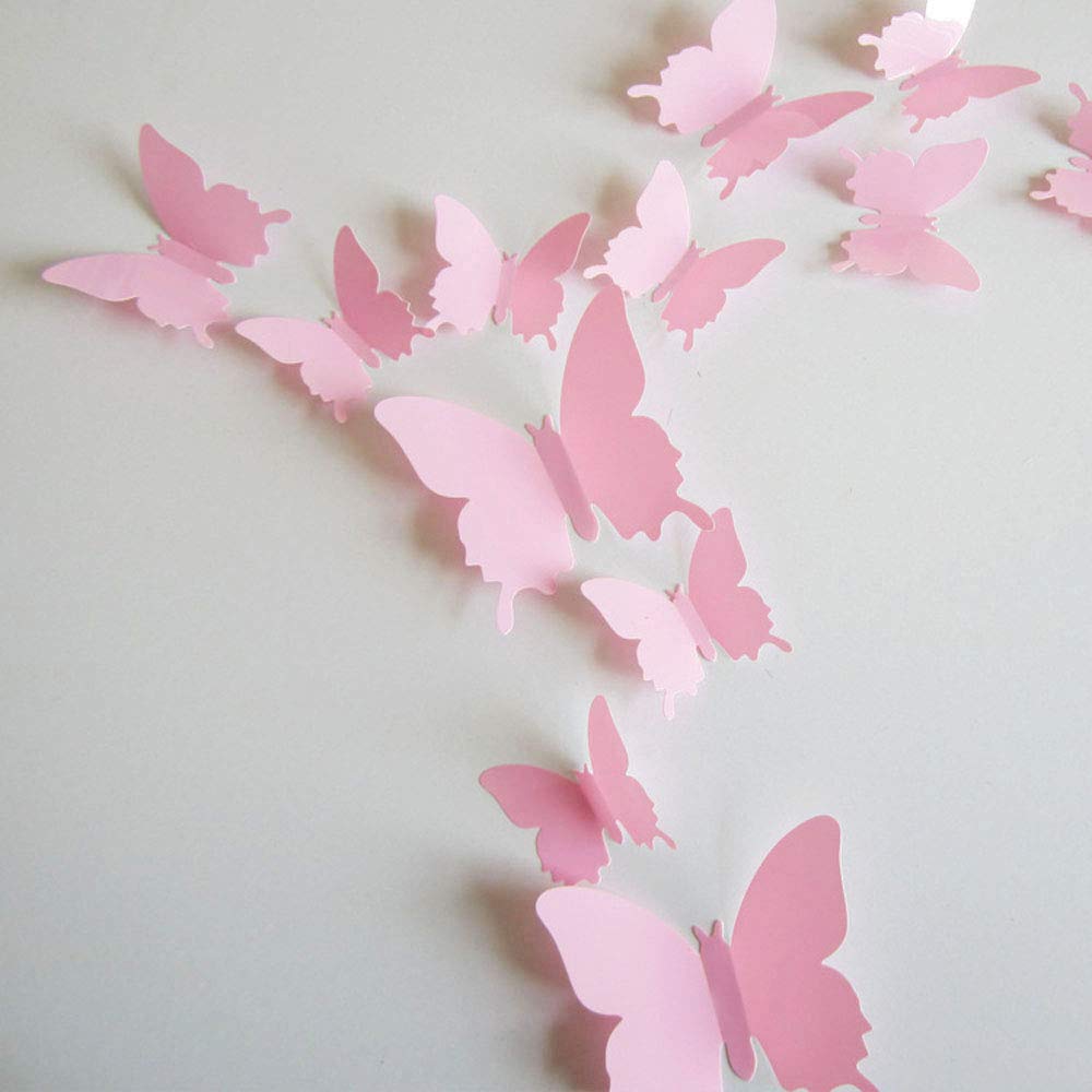 Trubetter (Pink) - 24pcs 3D Butterfly Removable Mural Stickers Wall Stickers Decal for Home and Room Decoration (Pink)