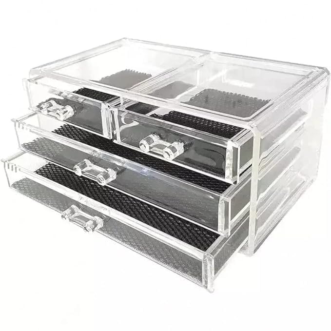 DVL STORE 4 Compartment Luxurious Clear Acrylic Drawers Makeup Dressing Table Organizer Cosmetic Jewellery Storage Box with Removable Black Mesh Pad for Jewellery