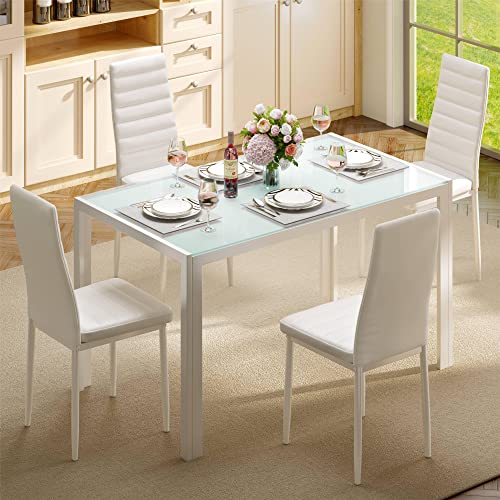 Gizoon 5 Piece Glass Dining Table Set, Kitchen and Chairs for 4, PU Leather Modern Room Sets for Home, Kitchen, Living Room