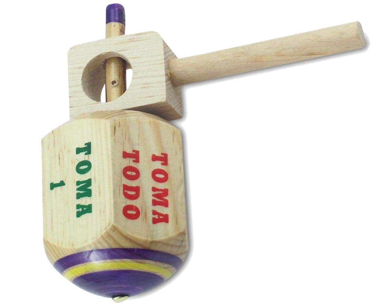 MoreFiesta Jumbo Pirinola Toma Todo Game Set - Hand Painted Wood 13cm Tall Spinning Tops Traditional Mexican Game in Spanish, for Cinco De Mayo Party