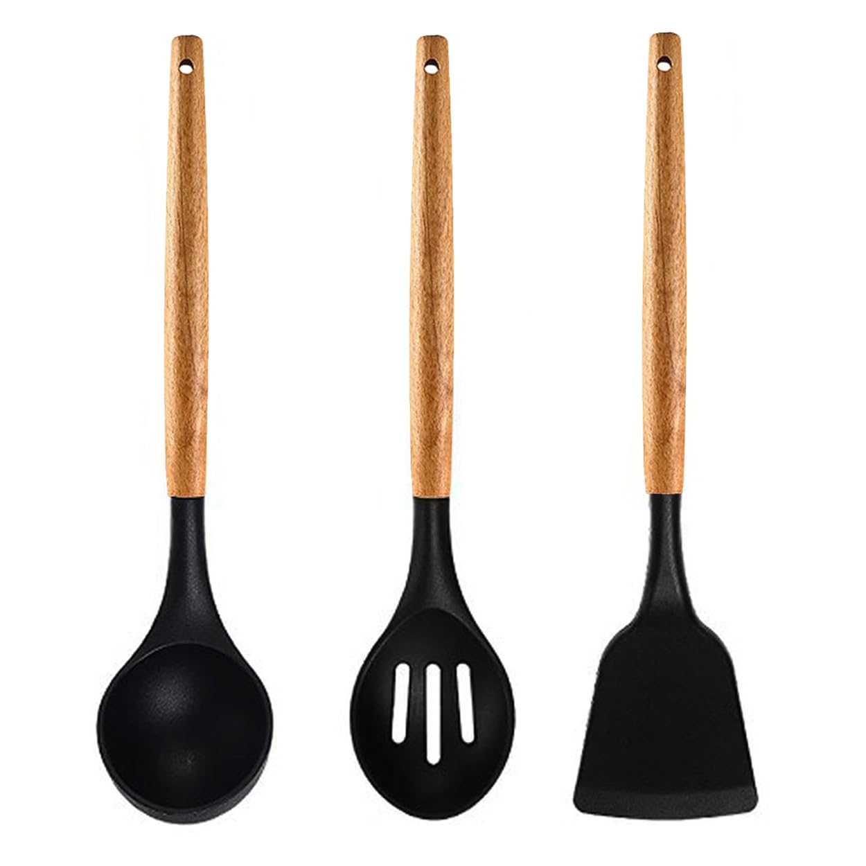 amicus Silicon Spatula Set for Kitchen, Non-Stick Pan Cooking Spatula Turner Ladle Slotted Serving Spoon with Wooden Handle, Kitchen Tools Set, Black