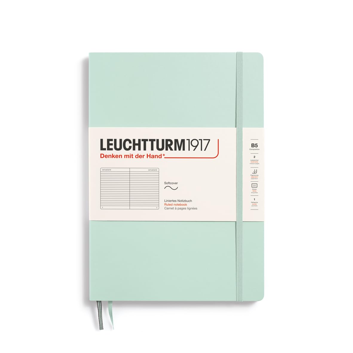 LEUCHTTURM1917 370313 Notebook Composition (B5), Softcover, 123 Numbered Pages, Mint Green, Ruled