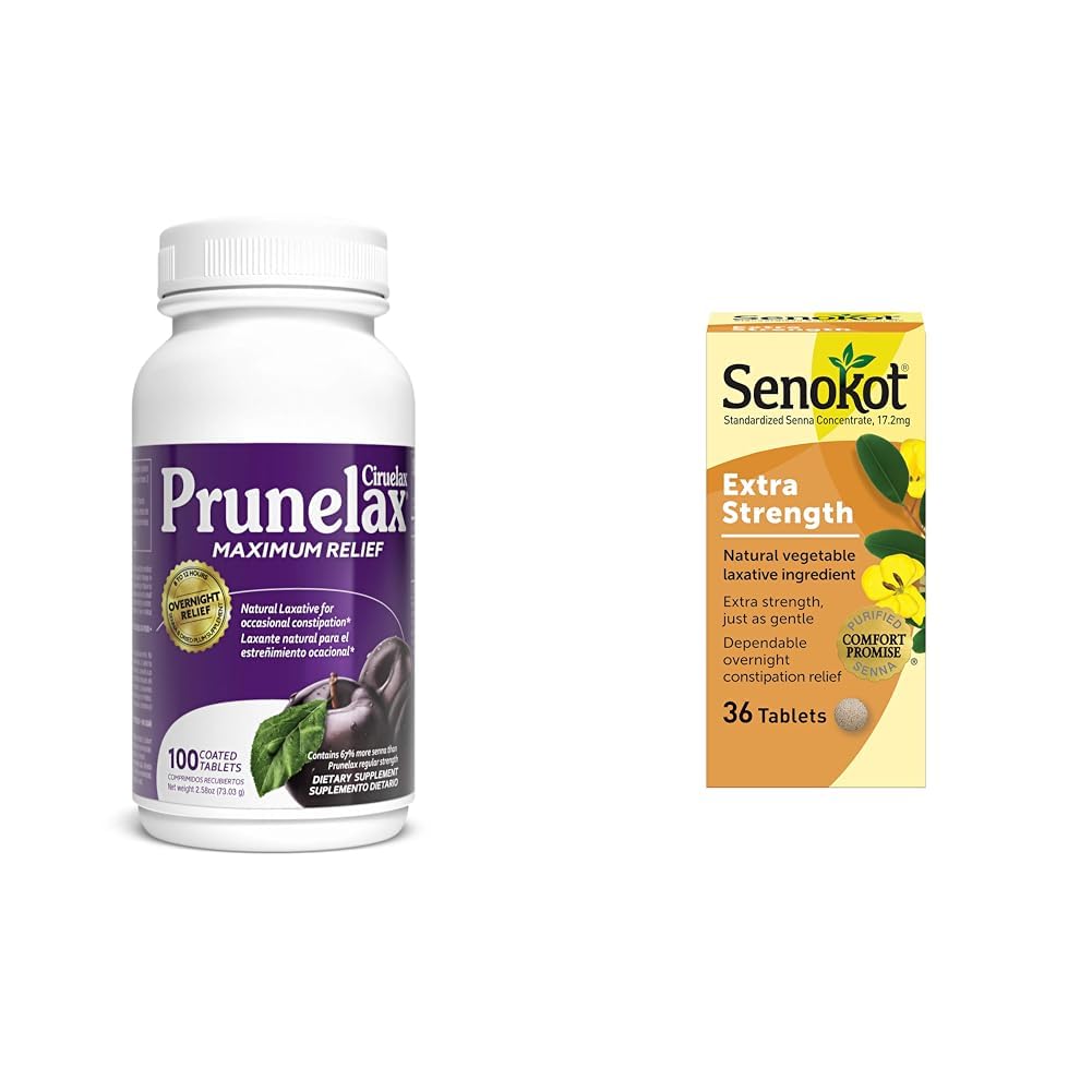 PrunelaxCiruelax Maximum Relief 100ct & Senokot Extra Strength Vegetable Laxative 36ct Bundle for Overnight Constipation Relief