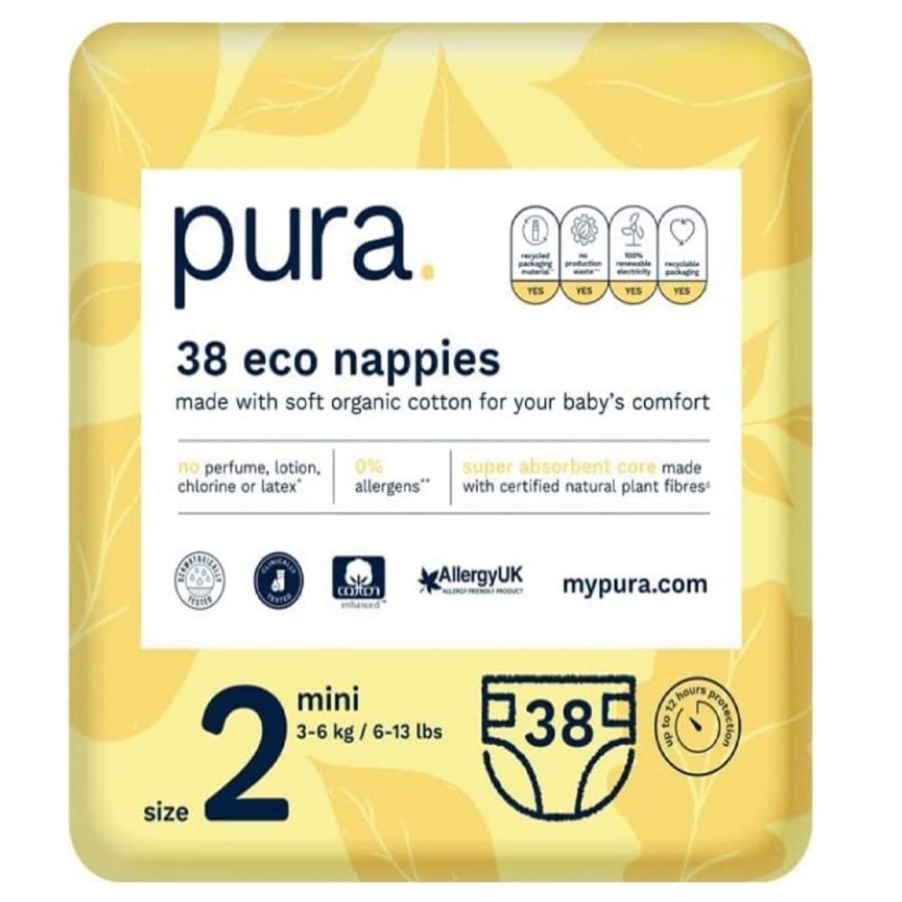 Pura Baby Nappies Size 2 (Mini 3-6kg / 6-13 lbs) 1 pack of 38 Nappies, New Baby, Allergy UK Approved, Made with Organic Cotton, Wetness Indicator, Night Time