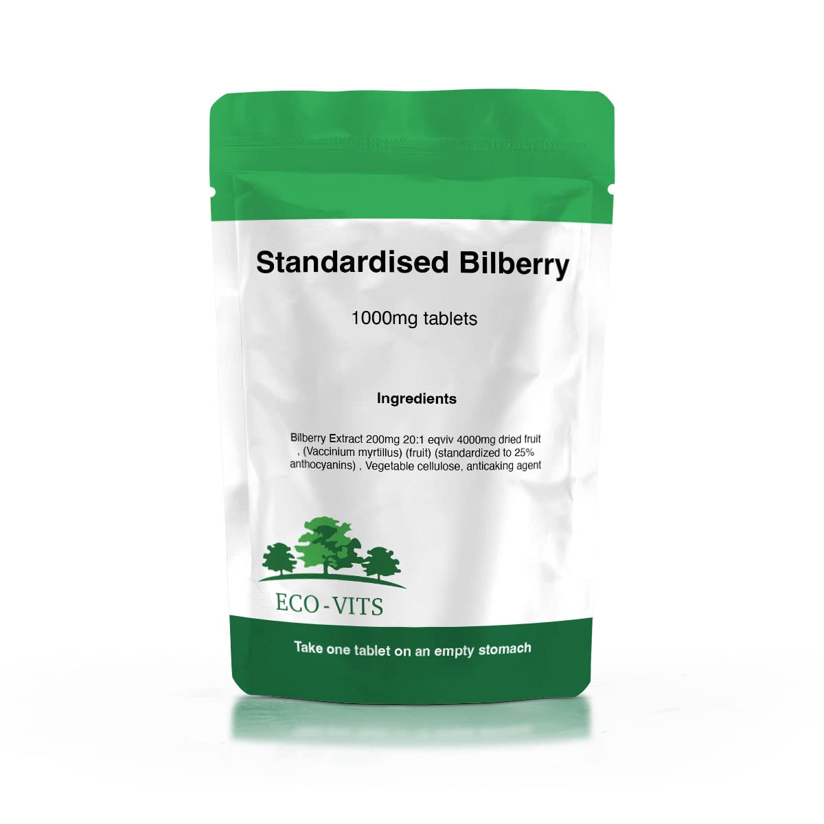 ECO-VITSSTANDARDISED Bilberry (1000MG) 120 TABS. Biodegradable Packaging. Sealed Pouch