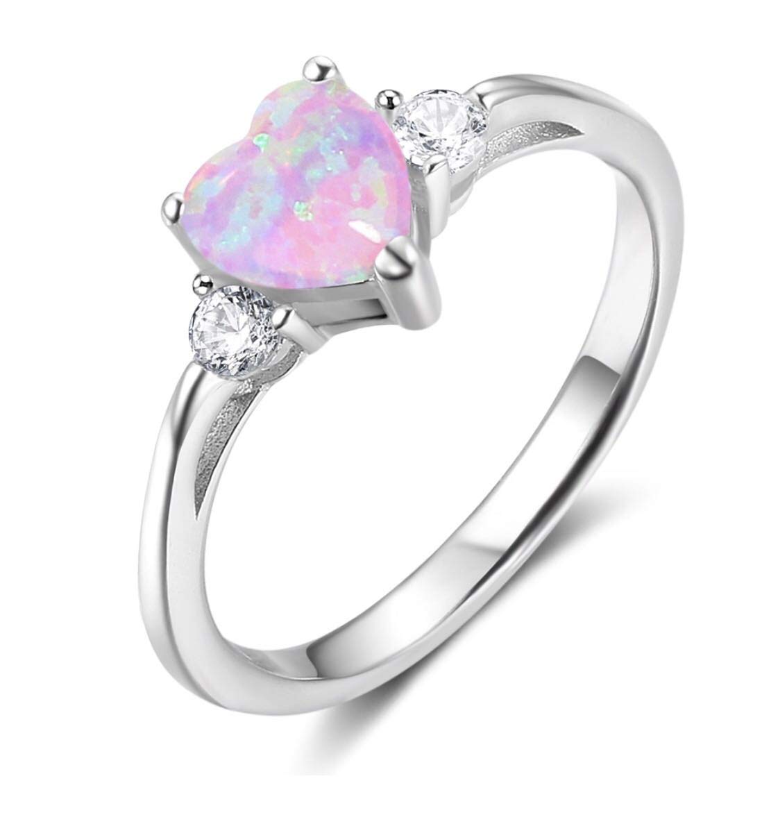 ACEFEEL 925 Sterling Silver Heart Shaped White Opal Engagement Promise Band Ring, 925, Created Opal