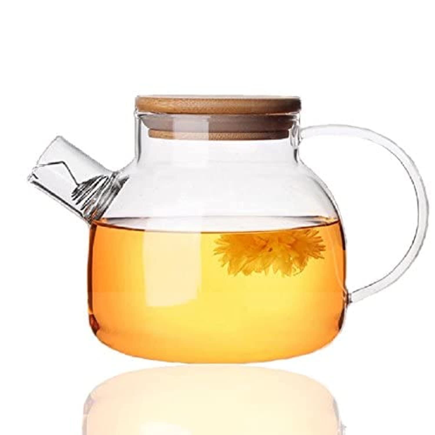 YumLock Glass Teapot with Removable Infuser, Stovetop Safe Teapot for Loose Leaf and Blooming Tea, 1000ML Clear Teapots with Bamboo Lid