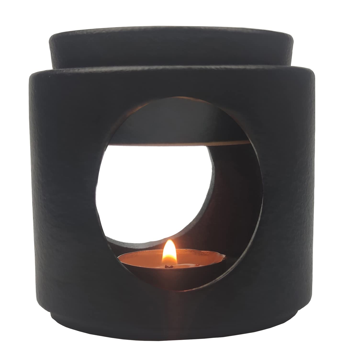 Ceramic Fragrance lamp with Tea Light Holder | Aroma lamp | Scented Oil and Scented Wax Diffuser | H*11cm ø10cm Removable Bowl | Grooved Surface (Black)