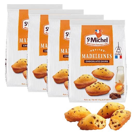 St Michel Mini Chocolate Chip Madeleines French Sponge Cakes Made in France, Pack of 4 (2.64 oz each) Non-GMO