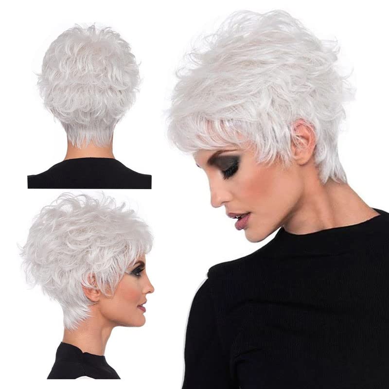 Pixie Cut Silver Wig, Slanted Bangs, Short Curly Hair, Fluffy White Wig, Middle-Aged and Elderly Women's Natural Hair for Daily Use