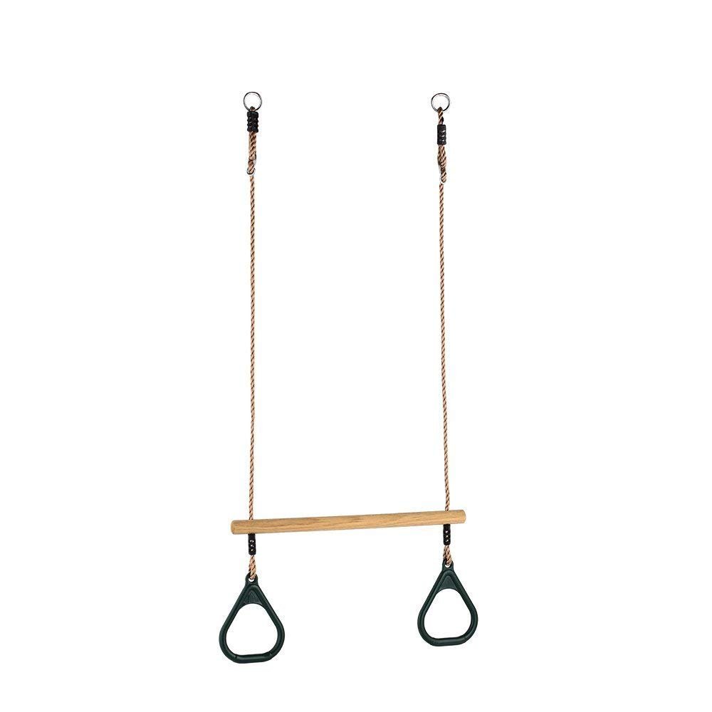 HUAWELL Wooden Trapeze with Plastic Gym Rings - Outdoor N Indoor Playground 2 in 1 Swing Set Accessories for Kids (Green).