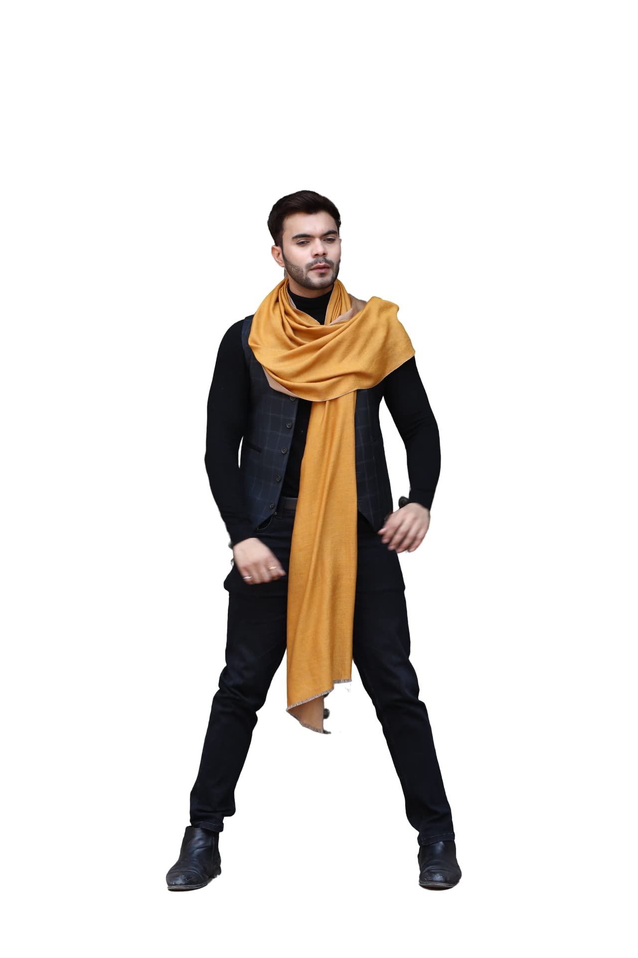 Dusala Classic Regular Fit Lightweight Comfortable Handwoven Cashmere Reversible Wool With Silk Stole For Unisex (Yellow)-10