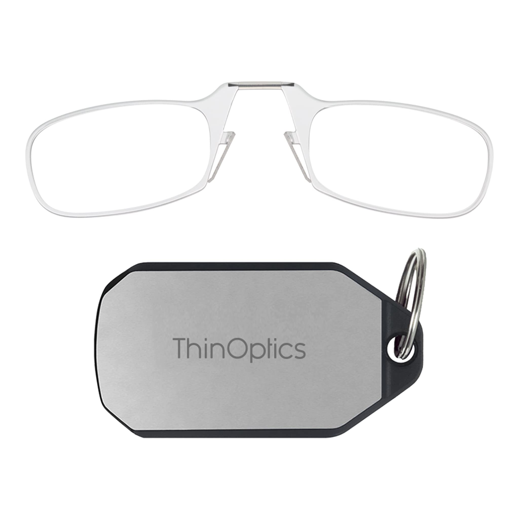 ThinOptics Reading Glasses 2.00 Clear Frames With Keychain Case - Compact Foldable Rectangular Glasses - Clip-on Nose - 2.00 Strength With Flex-Fit Technology