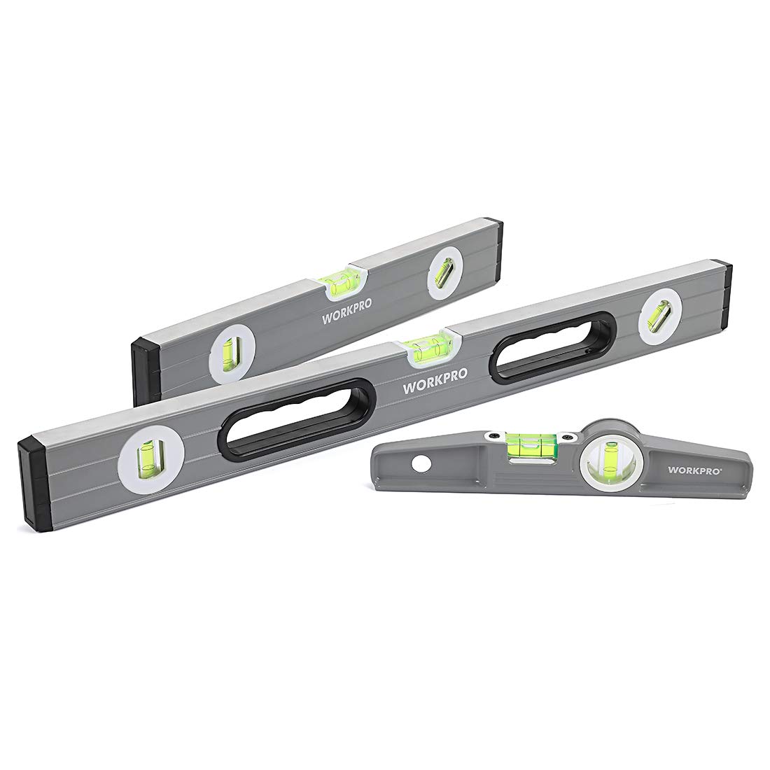 WORKPRO Torpedo Level, 3-Piece Spirit Level Set, 9"(Magnetic), 16"(Non-magnetic), 24"(Non-magnetic), Bubbles Measuring, Clear, Green.