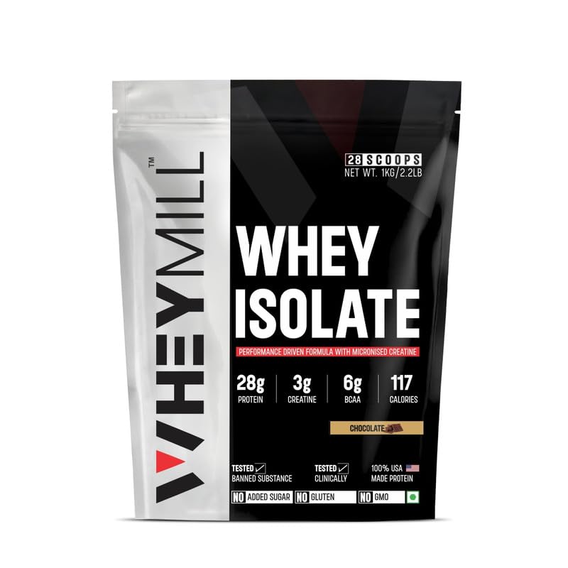 WHEYMILL 100% Whey Protein Isolate 28G Protein,3G Creatine,7G Bcaa Easy Mixing,Low Carbs Whey Protein Isolate Supplement Powder With Creatine For Men,Women&Athletes(1 Kg/2.2Lb 28 Servings Chocolate)