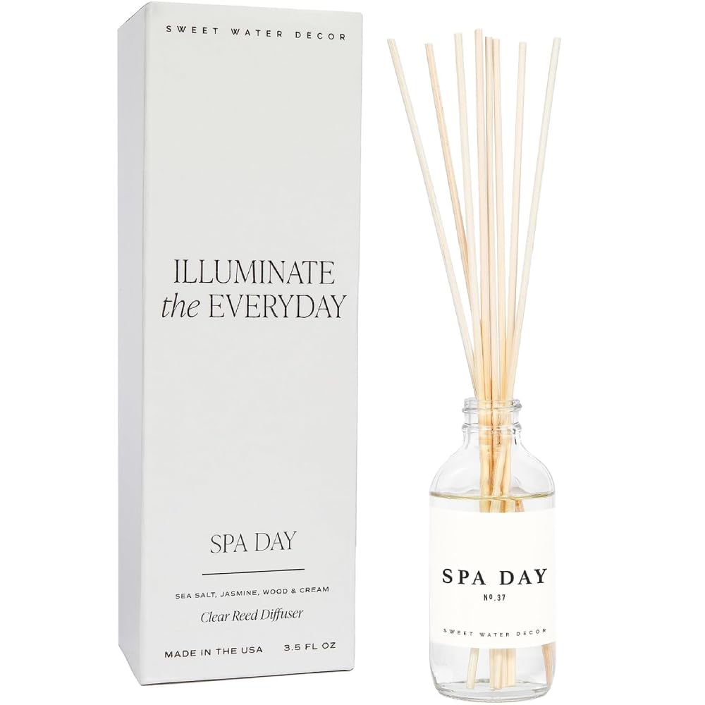 Sweet Water DecorSpa Day Reed Diffuser Set - Sea Salt, Jasmine, Wood, and Cream Scented Diffuser - Relaxing Spa Scent Diffusers for Home, Long Lasting Fragrance, Made in the USA