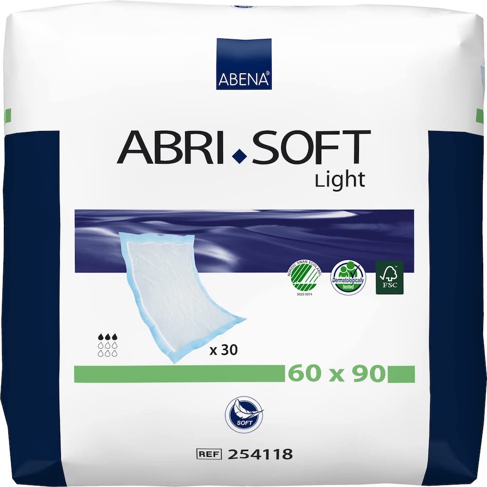 ABENA Abri-Soft Light Disposable Incontinence Pads, Eco-Labelled Incontinence Bed Pads, Leak Protection, Soft & Secure Bed Protectors For Incontinence - 60x90cm, 1250ml Absorbency, 30PK