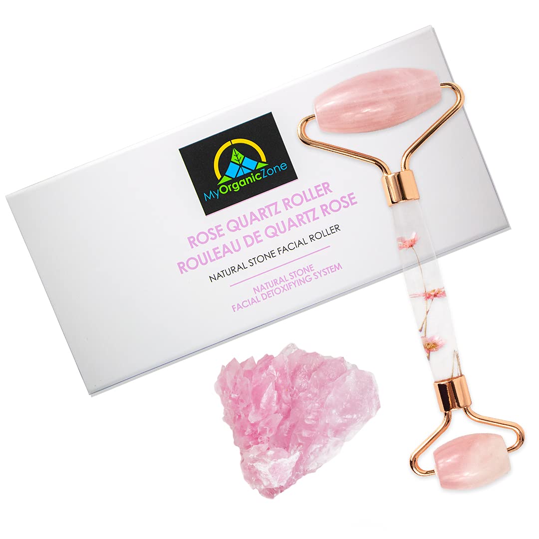 Rose Quartz Roller, 100% Natural Stone for Facial Massage, Reduces Facial Puffiness & Calms Inflammation, Tightens Pores & Wrinkles, Stimulates Detoxification, Rejuvenates Face & Neck Skin