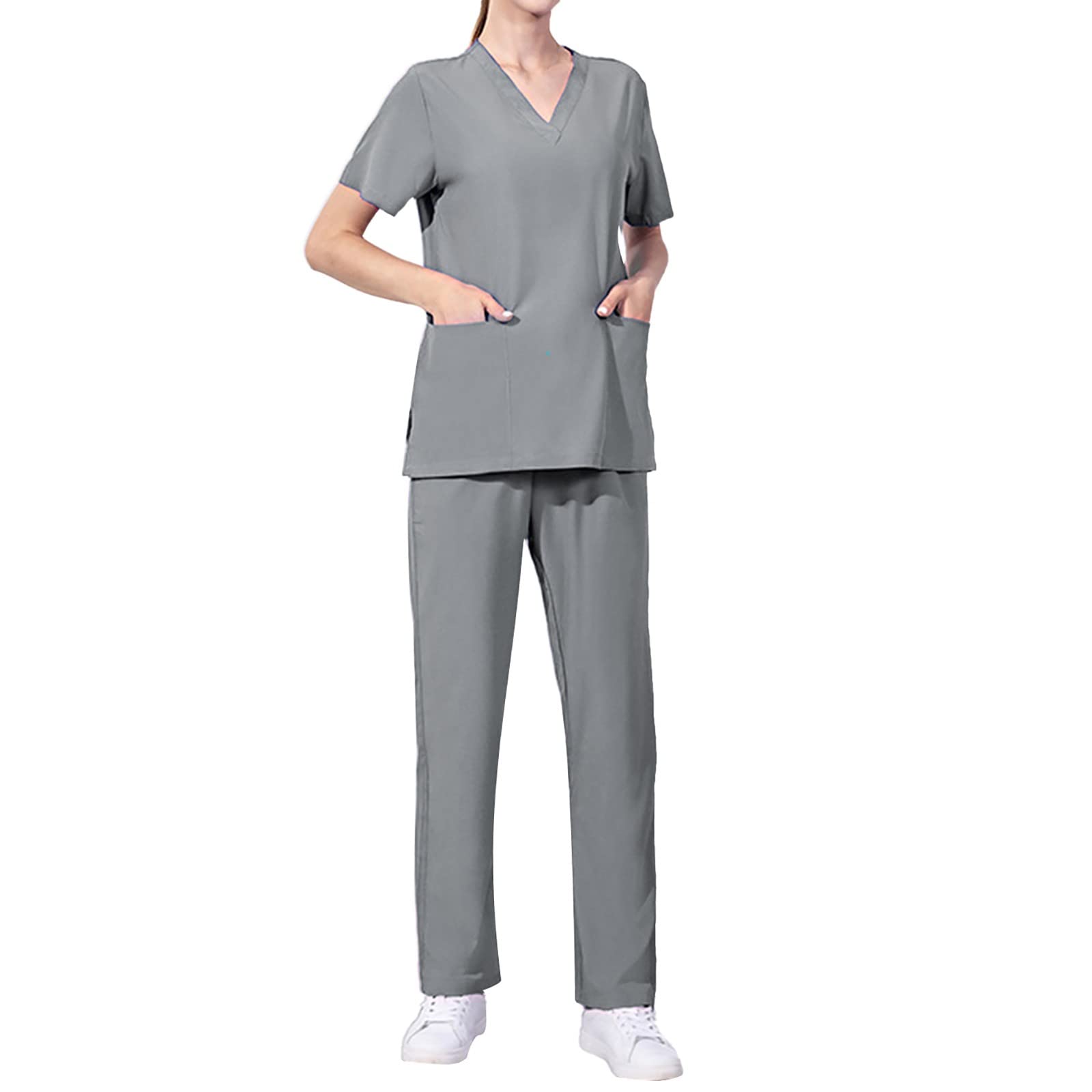 GefomuofeWomen's Work Suit Nursing Suit Medical Doctor Uniform Slip Jacket Top with Trousers Medical Work Wear Slip-On Tunic + Slip-On Trousers Set Work Wear, gray, XXL